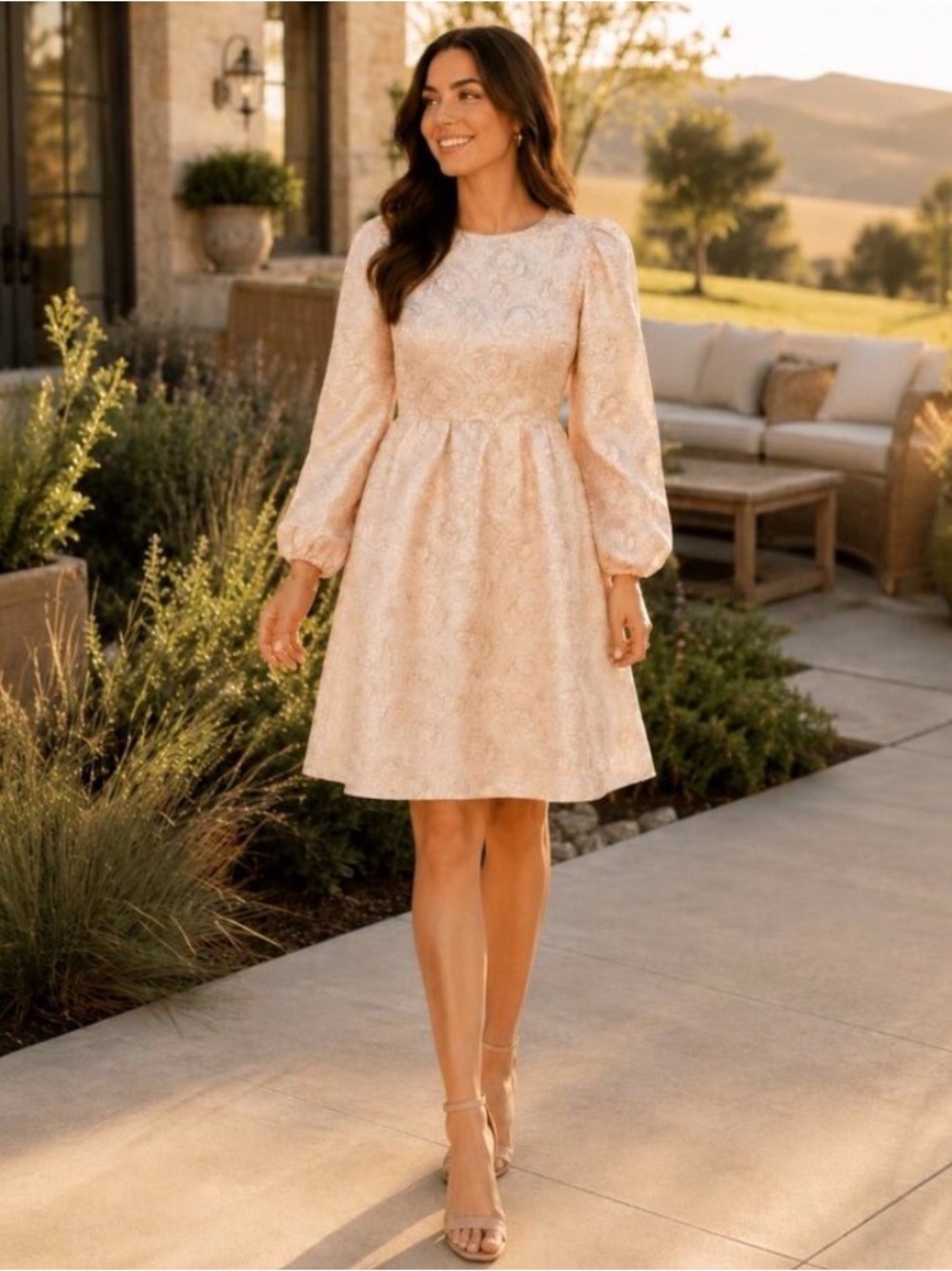 TCEC Rose Gold Metallic Floral Jacquard Puff Sleeve Mini Dress M NWOT